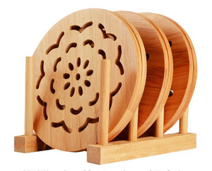 Kaycee Rose Set of 6 Bamboo Wood Coasters with Holder for Coffee Table, Hot Drinks, Beverages, Housewarming Gift (4.3 in）