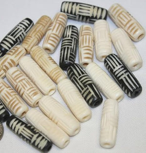 1.0" Inch Carved Bone Beads - Tube (Pipe) Assorted Colors-Natural, Antique, Black - Mix 24 Pc Per Pack
