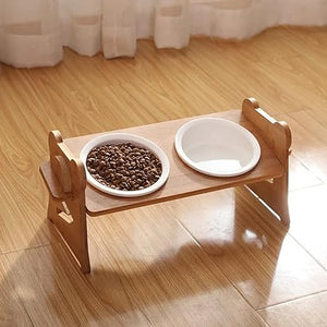 Kaycee Rose Elevated Dog and Cat Bowls Adjustable Feeding Bowl Rack, Adjustable Height Wooden Shelf Pet Dog Cat Dual Food Water Ceramic Bowl Set of 2 Elevated Food and Water Bowls