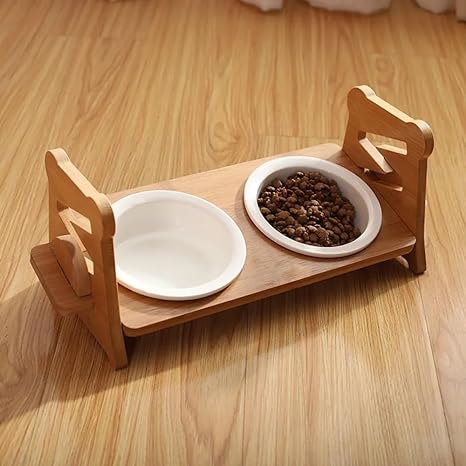 Kaycee Rose Elevated Dog and Cat Bowls Adjustable Feeding Bowl Rack, Adjustable Height Wooden Shelf Pet Dog Cat Dual Food Water Ceramic Bowl Set of 2 Elevated Food and Water Bowls