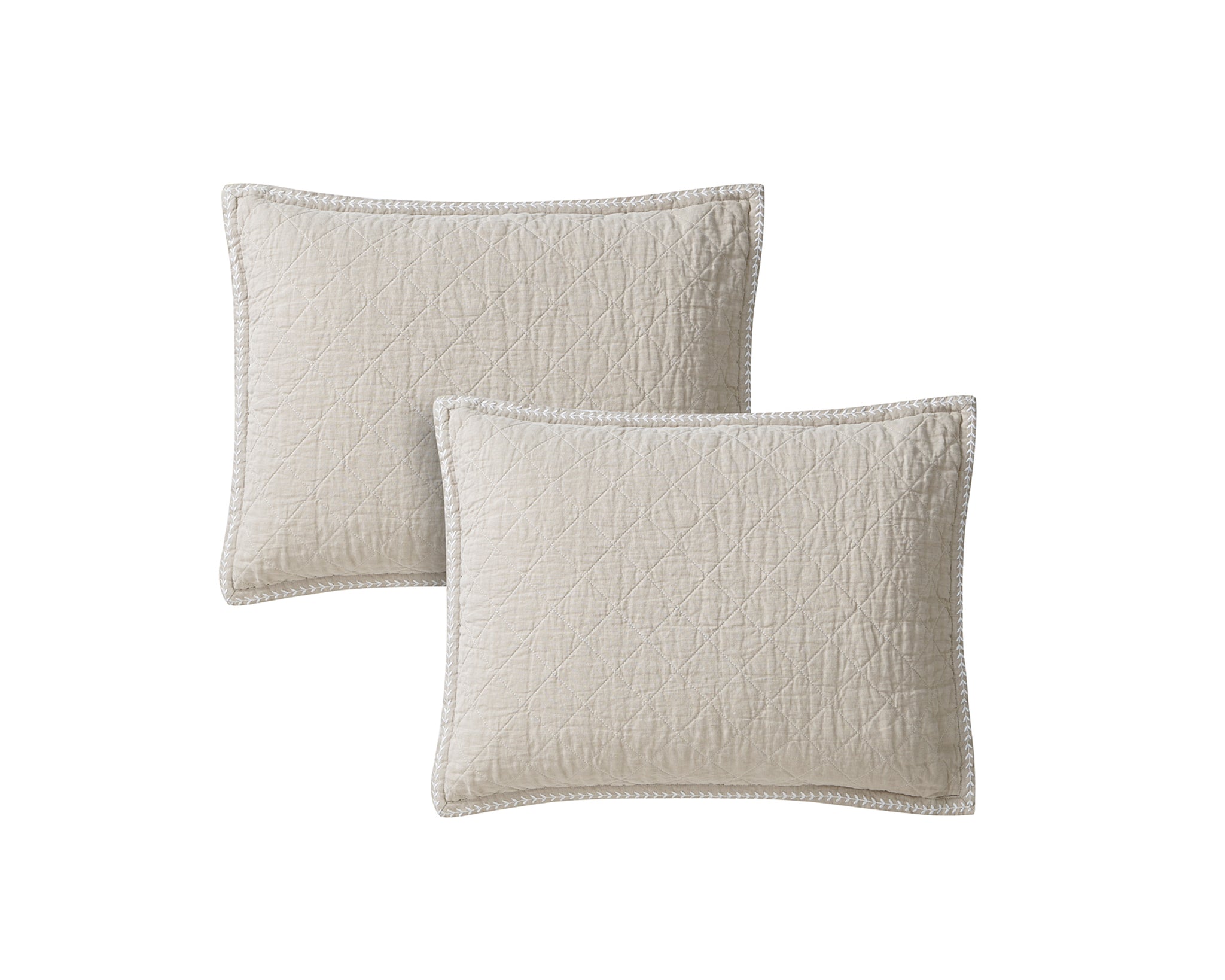 Embroidered Frame Linen Cotton Quilt Set in Light Brown - Wonderhome