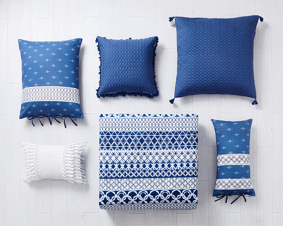 Shibori Stripe Cotton Oblong Pillow in Blue - Wonderhome